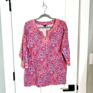 Talbots Red Blue Colorful Paisley Boho Modal Blend Tunic Top Artsy Size 1X